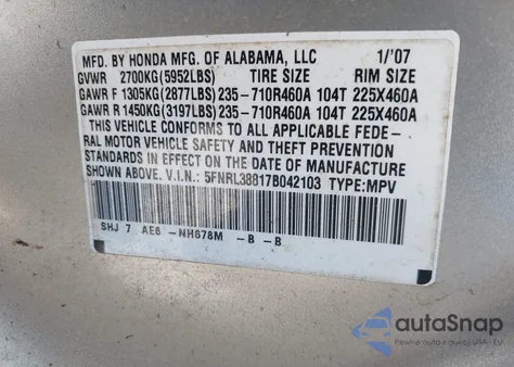 2007 Honda Odyssey Touring from USA, damaged, VIN 5FNRL38817B042103